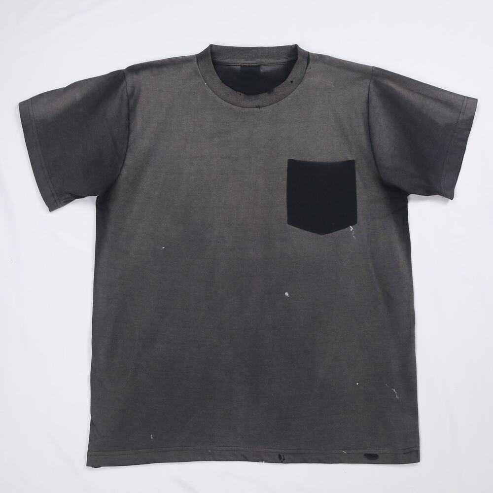 Vintage Painted & Faded Black Ghost Pocket Cotton Blank T-Shirt Medium - Large